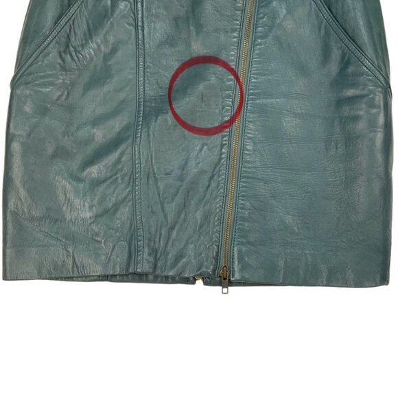 Glen Wood Vintage Soft Leather Skirt 8 Green Mini Angled Front Zip Pocket Retro - Picture 8 of 12